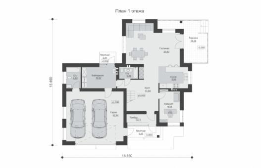 Двухэтажный дом с просторной гостиной и зимним садом.