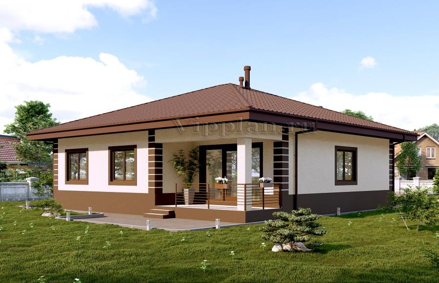 Одноэтажный дом с террасой, 3 спальнями и отделкой штукатуркой